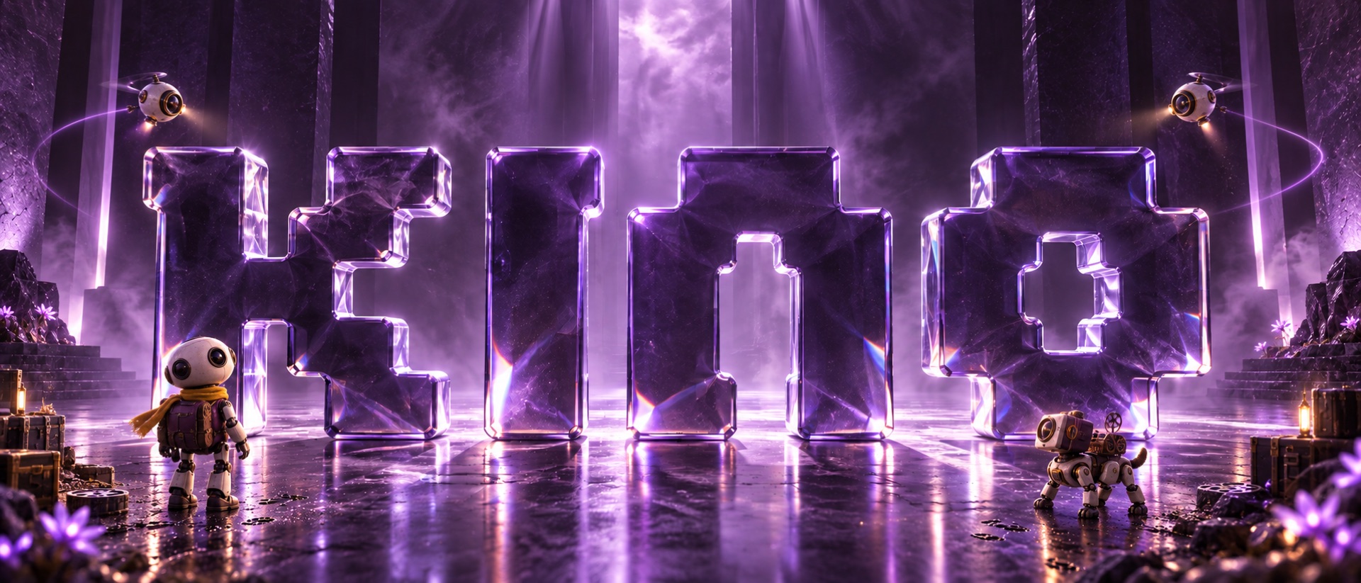 Luminous glass Kino branding with characters in an imaginative world