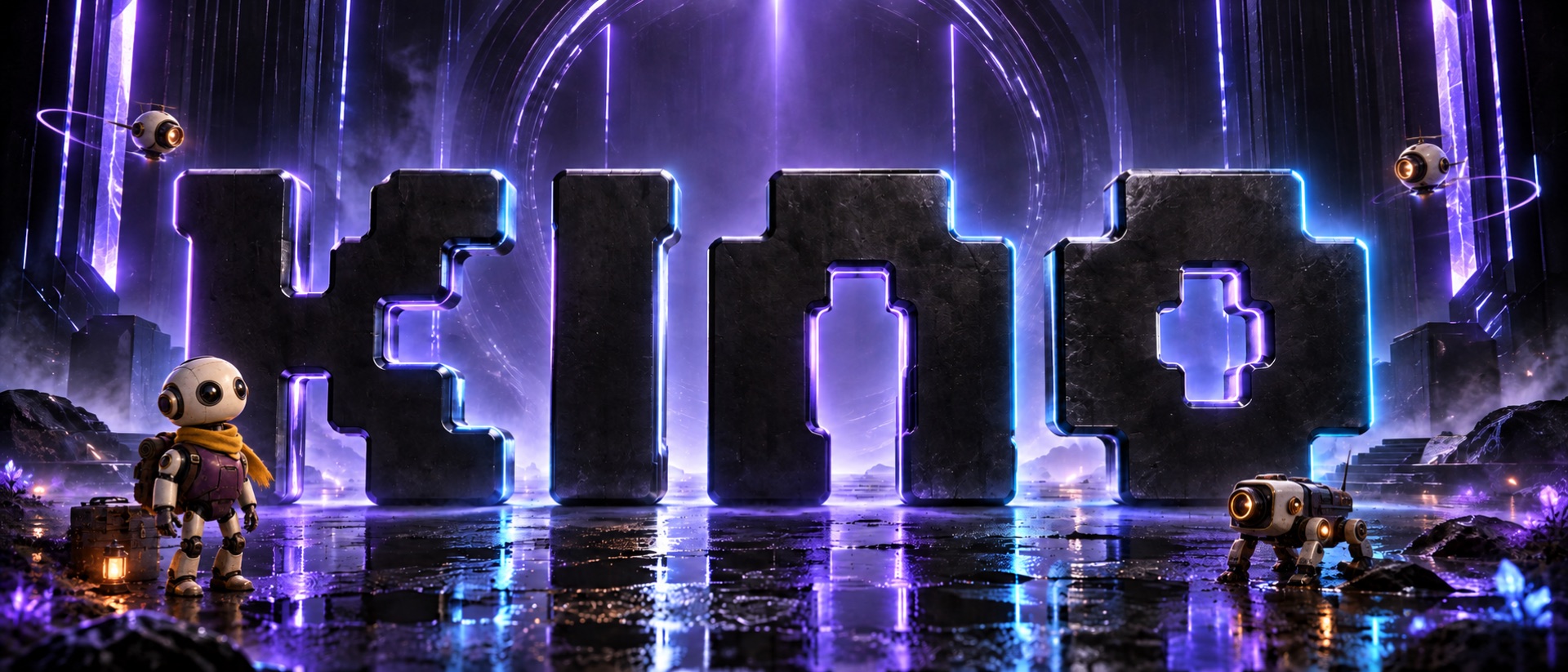 Kino in 3D: monumental letters, Boro and a robotic companion under violet lighting