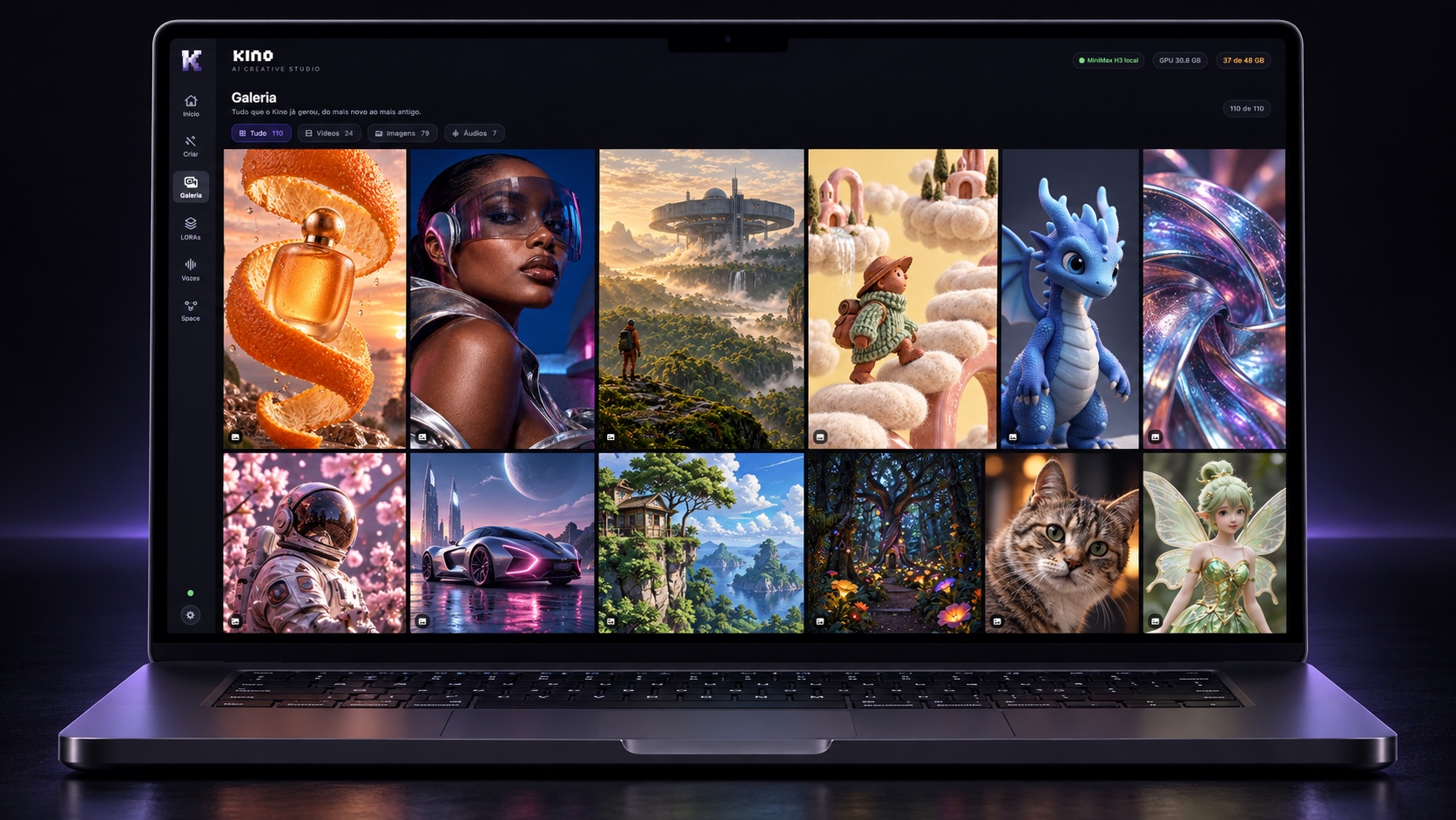 MacBook Pro mockup showing the Kino gallery with product campaigns, futuristic portraits, characters and cinematic worlds
