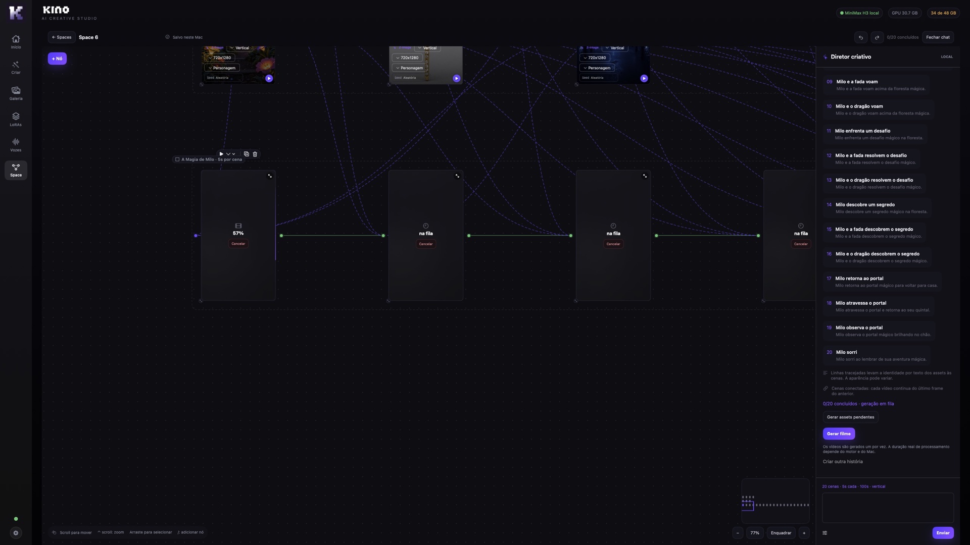 Actual Kino screenshot showing connected Milo scenes in Space, one rendering and the others queued beside the creative director